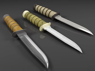 Three Tactical Daggers With Varied Handle Constructions And Sharp Blades 3d model