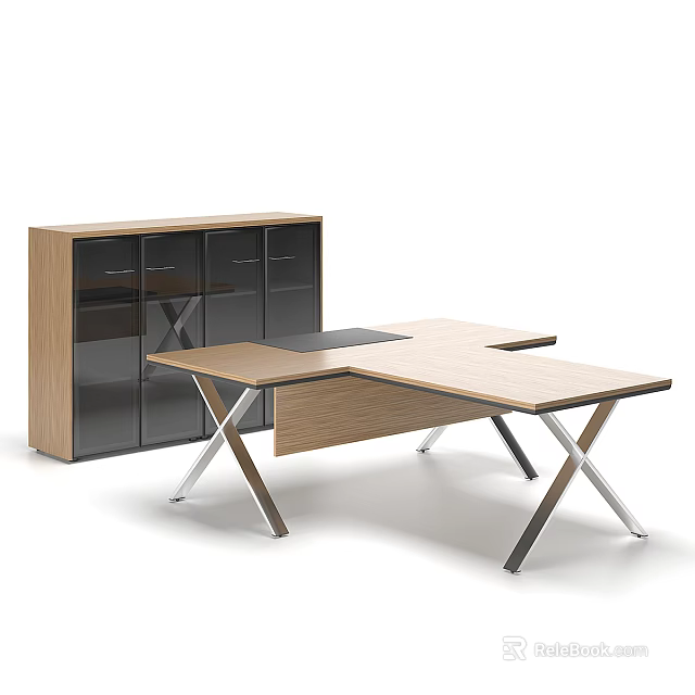 Modern Office Desk With Wooden Top Metal Legs And Glass Door Cabinet 3d model 