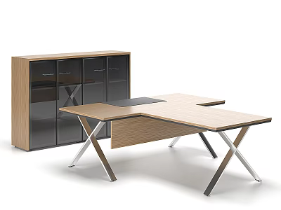 Modern Office Desk With Wooden Top Metal Legs And Glass Door Cabinet 3d model