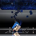 Blue Digital Art Installation With Floating Cubes And People In Modern Exhibition Space