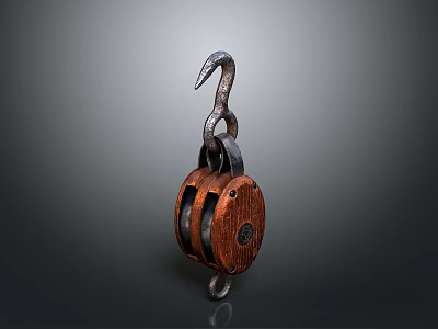 Rustic Vintage Pulley Mechanical Component With Wooden Wheel And Metal Hook 3d model