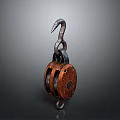 Rustic Vintage Pulley Mechanical Component With Wooden Wheel And Metal Hook