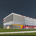 Modern Fire Station Building Exterior Design With White Yellow Red Facade And Fire Trucks
