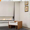 Leisure Sofa Set with Wooden Frame White Cushion by Fireplace Flames and Framed Art