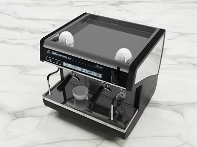DeLonghi Black Coffee Machine With Stainless Steel Parts On Marble Countertop And Coffee Cup 3d model