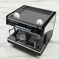 DeLonghi Black Coffee Machine With Stainless Steel Parts On Marble Countertop And Coffee Cup