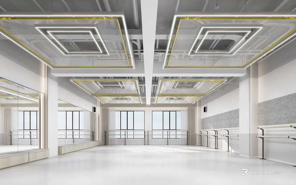 Spacious Bright Fitness Studio With Modern Lighting Design Large Windows And Bar Rails For Workout 3d model 