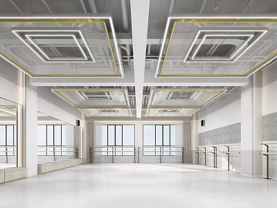 Spacious Bright Fitness Studio With Modern Lighting Design Large Windows And Bar Rails For Workout 3d model