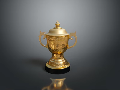 Ornamental Golden Trophy With Lid Handles Engraved Details And Black Base 3d model