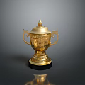 Ornamental Golden Trophy With Lid Handles Engraved Details And Black Base