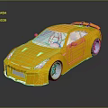 Golden Sports Car 3D Model With Shiny Exterior Black Spoiler And Blue Wheels