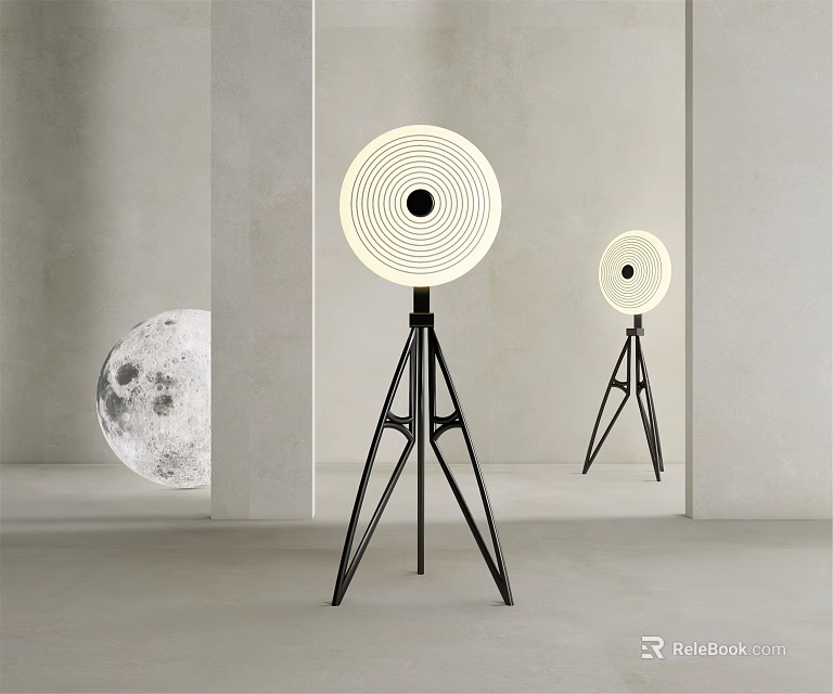 Modern Minimalist Floor Lamp with Circular Shade Tripod Stand and Moon Decor in Interior 3d model 
