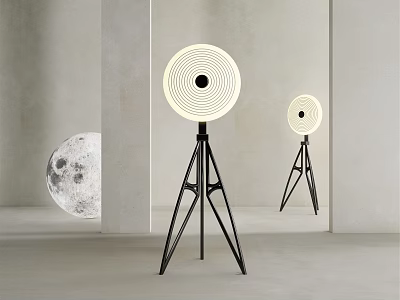 Modern Minimalist Floor Lamp with Circular Shade Tripod Stand and Moon Decor in Interior 3d model