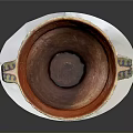 Intricately Carved Ceramic Vessel With Two Handles Colorful Patterns Orange Interior On White Base