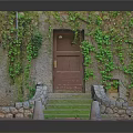 Entrance Gate Surrounded by Green Vines with Stone Steps Stone Walls and Red Ground