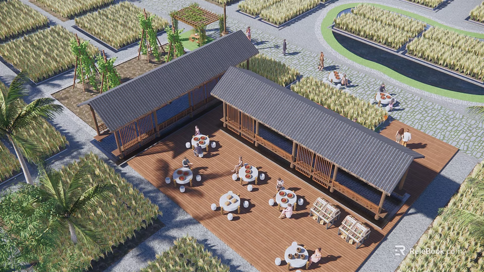 Wooden Post Station Surrounded by Rice Fields With Outdoor Seating And Relaxing People 3d model 