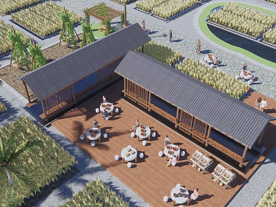 Wooden Post Station Surrounded by Rice Fields With Outdoor Seating And Relaxing People 3d model