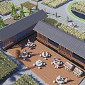 Wooden Post Station Surrounded by Rice Fields With Outdoor Seating And Relaxing People