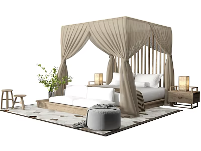 Modern Canopy Double Bed Interior With Beige Curtains Nightstands Table Lamps Green Plant And Ottoman 3d model