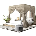 Modern Canopy Double Bed Interior With Beige Curtains Nightstands Table Lamps Green Plant And Ottoman