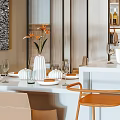 Modern Restaurant Interior Featuring Dining Table Chairs Pendant Lights And Decorative Wall Art 3d model