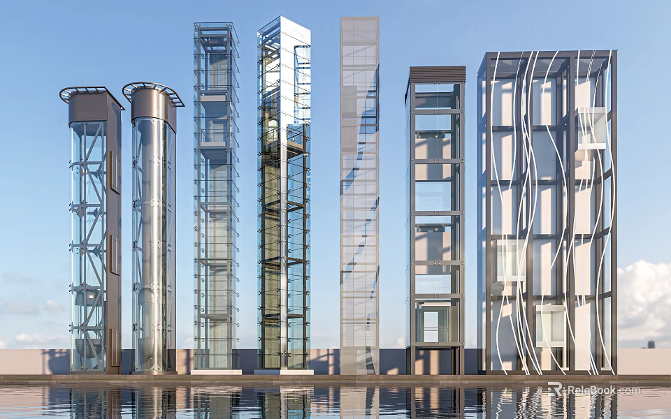 Modern Elevators Featuring Glass Exterior And Varied Architectural Designs Against Blue Sky 3d model 