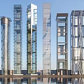 Modern Elevators Featuring Glass Exterior And Varied Architectural Designs Against Blue Sky