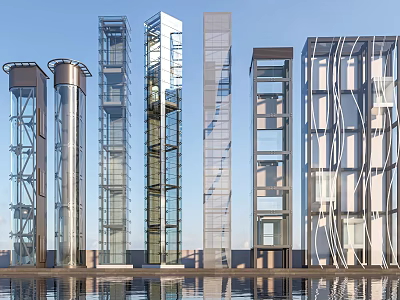 Modern Elevators Featuring Glass Exterior And Varied Architectural Designs Against Blue Sky 3d model