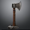 Vintage Decorative Axe With Wooden Handle And Metal Head On Base