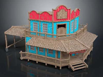 Western Style Wooden House with Blue Walls Red Roof Accents Wooden Balcony Porch and Steps 3d model
