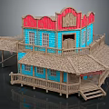 Western Style Wooden House with Blue Walls Red Roof Accents Wooden Balcony Porch and Steps