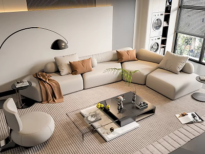 Modern Light Sofa And Coffee Table Set With Accent Pillows Throw Blanket And Accent Chair 3d model
