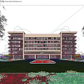 Modern Office Building With Glass Curtain Walls Multi Story Structure Spacious Plaza And Trees