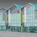 Modern Commercial Complex With Glass Facade Colorful Rooftops Trees And Open Plaza