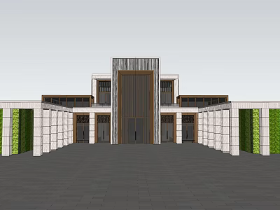 Modern Sales Office Building Featuring Symmetrical Design Stone Walls Glass Doors And Green Vertical Gardens 3d model