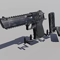 Detailed View Of Modern Black Tactical Pistol With Rail Magazines And Bullets