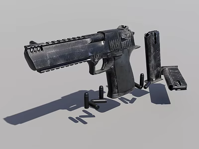 Detailed View Of Modern Black Tactical Pistol With Rail Magazines And Bullets 3d model
