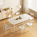 Modern Dining Table Set With Marble Top Six White Chairs And Sideboard Cabinet 3d model