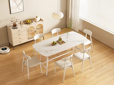 Modern Dining Table Set With Marble Top Six White Chairs And Sideboard Cabinet 3d model