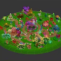 Cartoon Theme Park Scene with Green Grass Winding Paths Colorful Buildings Carousel Trees and Balloons