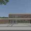Modern Sales Office Building Exterior Design With Glass Curtain Wall Wooden Panels And Spacious Plaza