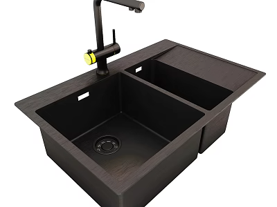 Black Double Bowl Kitchen Sink With Modern Faucet And Durable Material Design 3d model