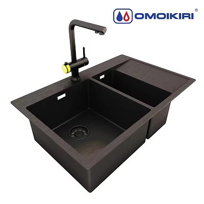 Black Double Bowl Kitchen Sink With Modern Faucet And Durable Material Design 3d model