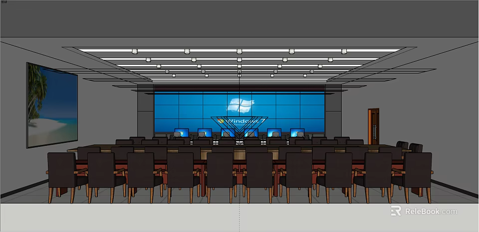 Modern Conference Room Interior With Large Blue Screen And Wooden Tables Chairs 3d model 