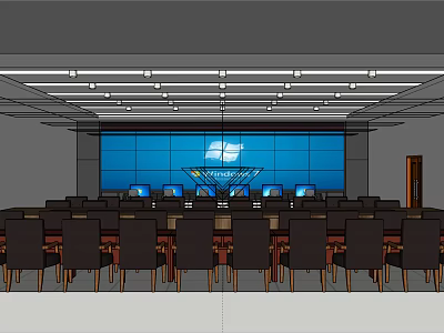 Modern Conference Room Interior With Large Blue Screen And Wooden Tables Chairs 3d model