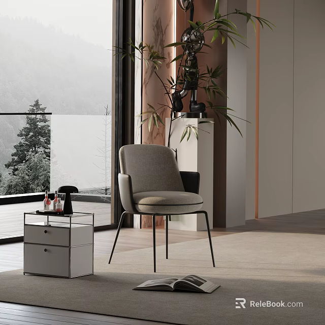 Modern Interior Gray Accent Chair With Black Metal Legs Potted Plant And Mountain View Trees 3d model 