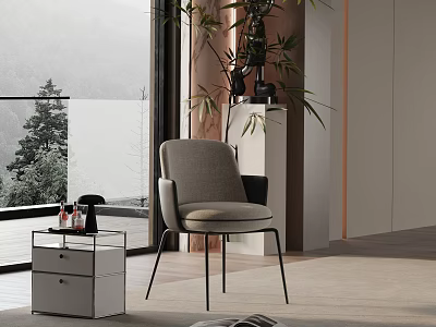 Modern Interior Gray Accent Chair With Black Metal Legs Potted Plant And Mountain View Trees 3d model
