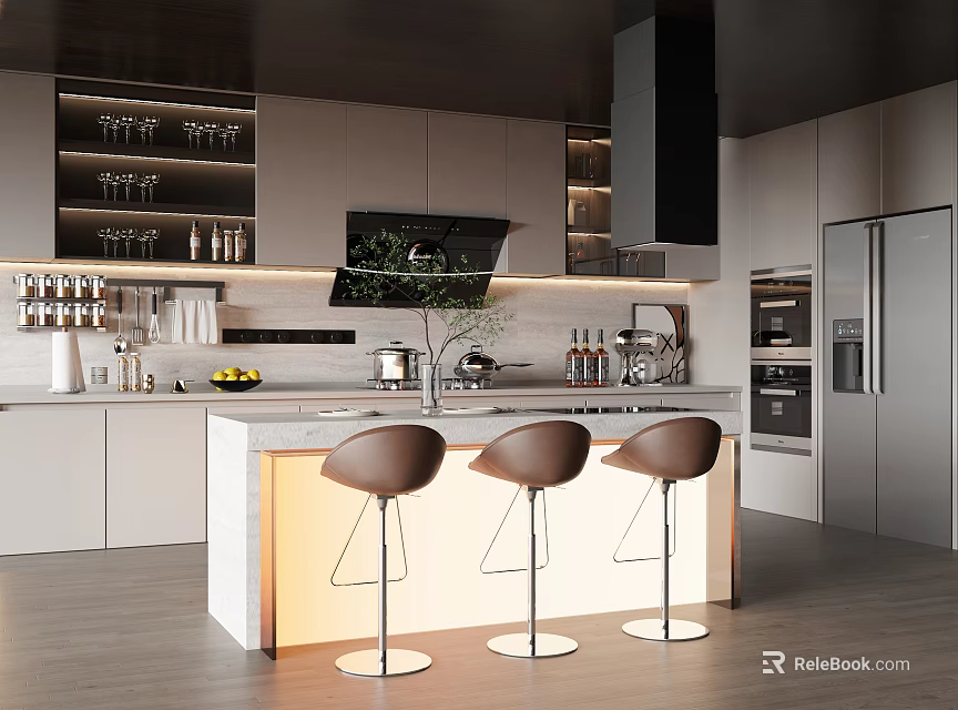 Modern Restaurant Open Kitchen With Island Counter Brown Bar Stools Wine Racks And Green Plants 3d model 