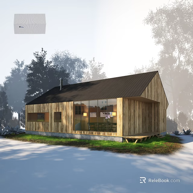 Wooden Villa Balcony With Black Roof Large Windows And Green Grass Surrounded By Trees 3d model 