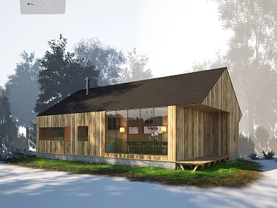 Wooden Villa Balcony With Black Roof Large Windows And Green Grass Surrounded By Trees 3d model